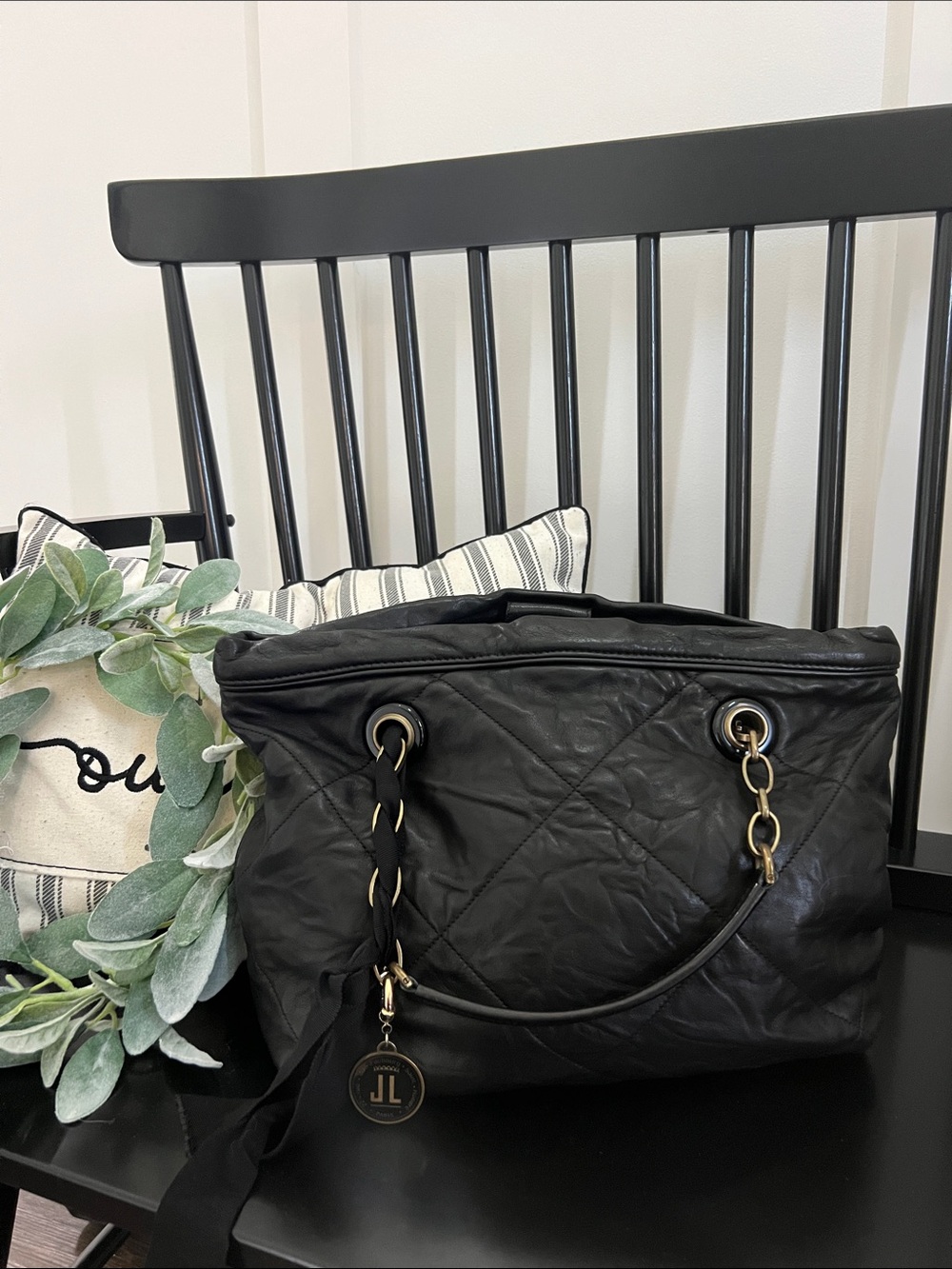 Lanvin Amalia Quilted Black Lambskin Leather Tote Bag with Chain Handles
